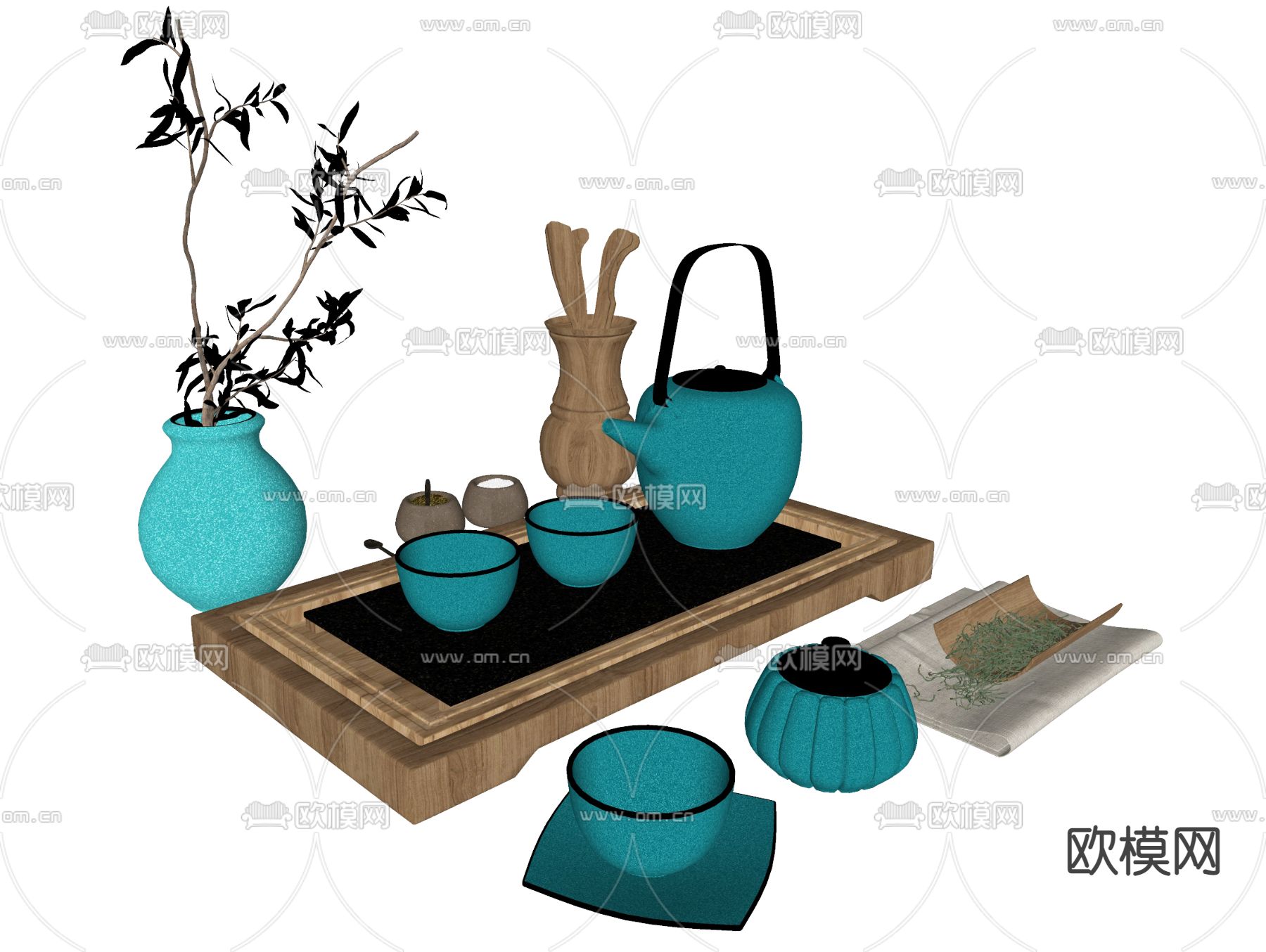 新中式茶具 茶盘托su模型下载（渲染图2）