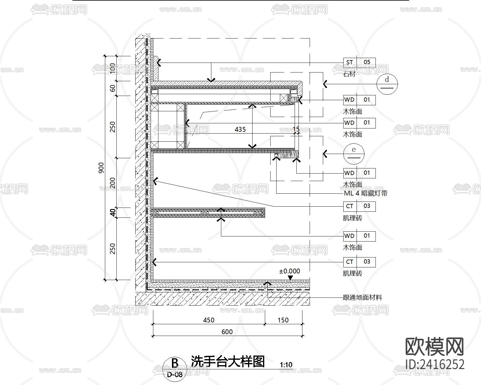 酒店洗手台单盆大样设计cad施工图下载（渲染图2）
