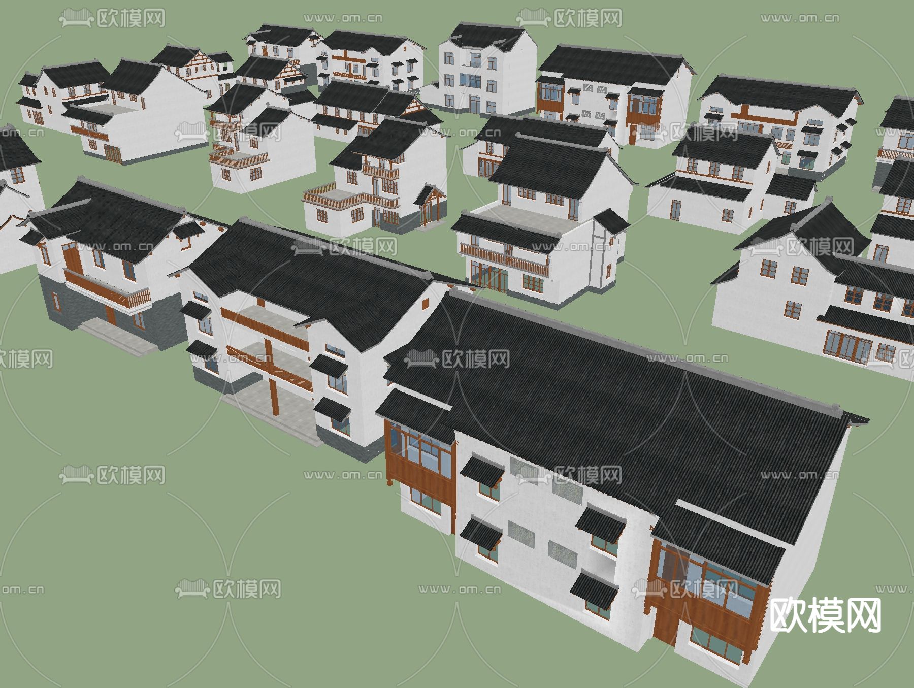 新中式民居自建房建筑鸟瞰su模型下载（渲染图3）