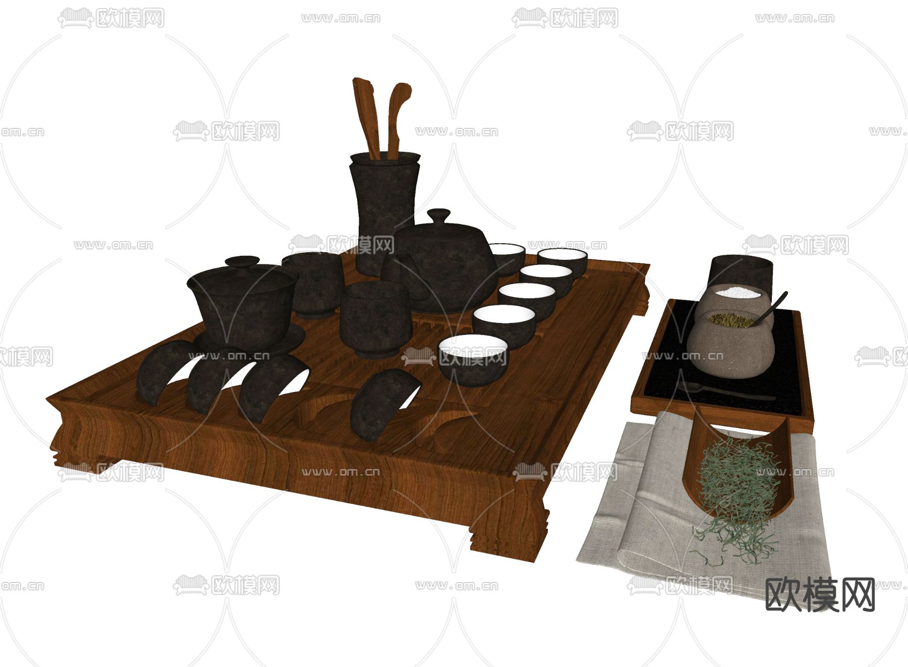新中式茶具 茶盘托su模型下载（渲染图2）