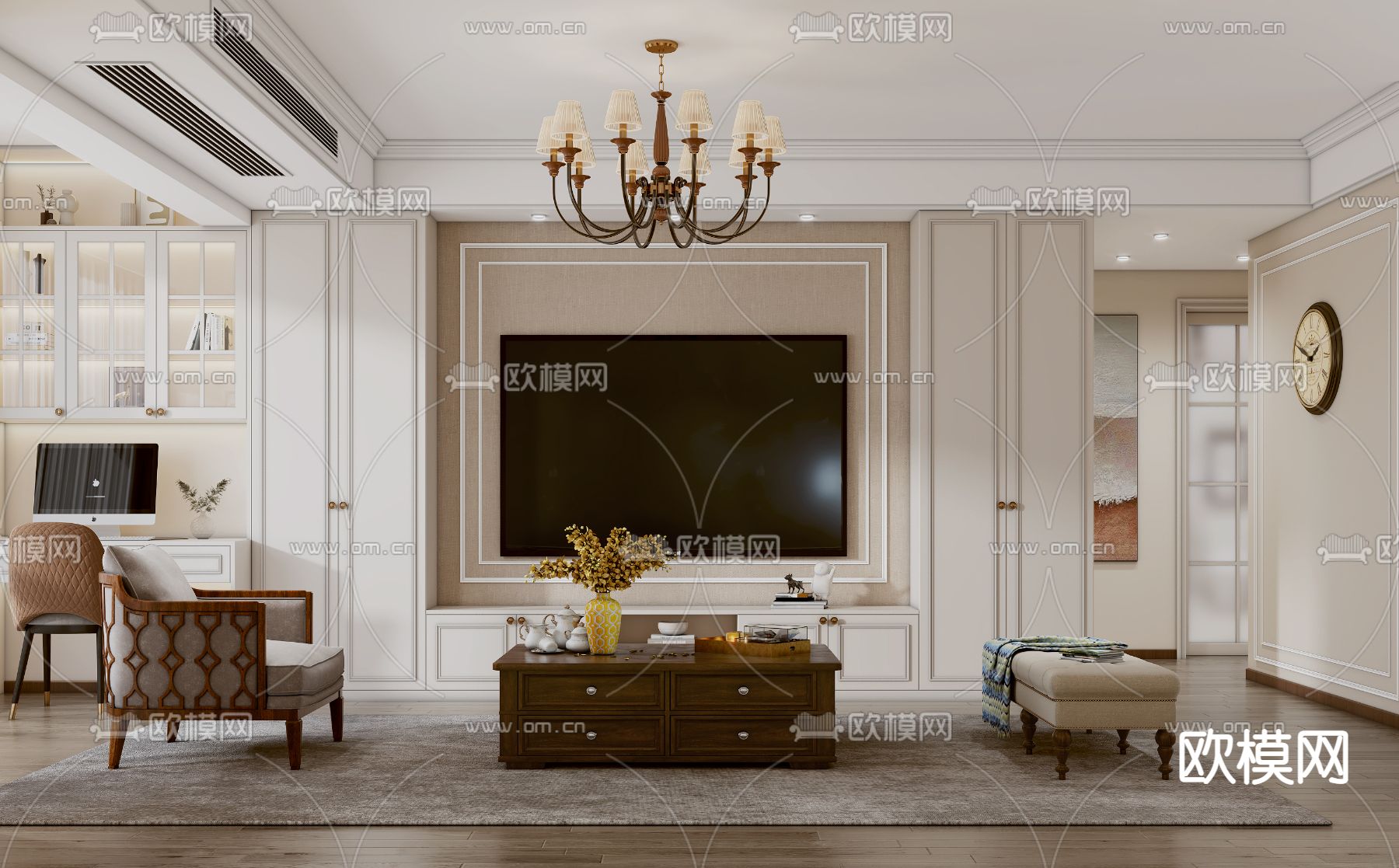 美式客厅3d模型下载（渲染图2）