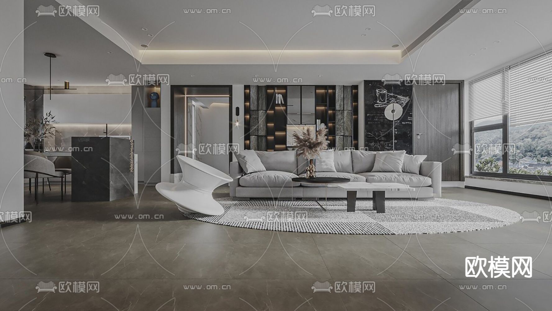 高级灰客餐厅3d模型下载（渲染图1）