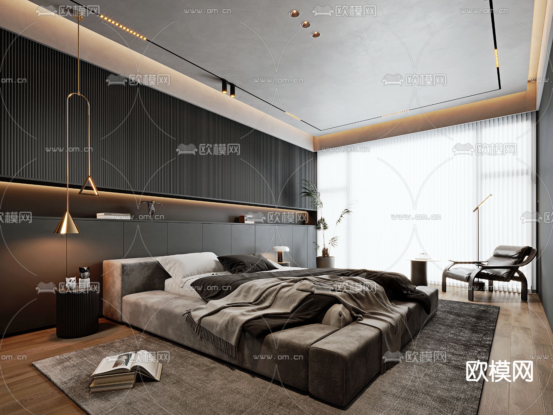 高级灰双人床3d模型下载（渲染图1）