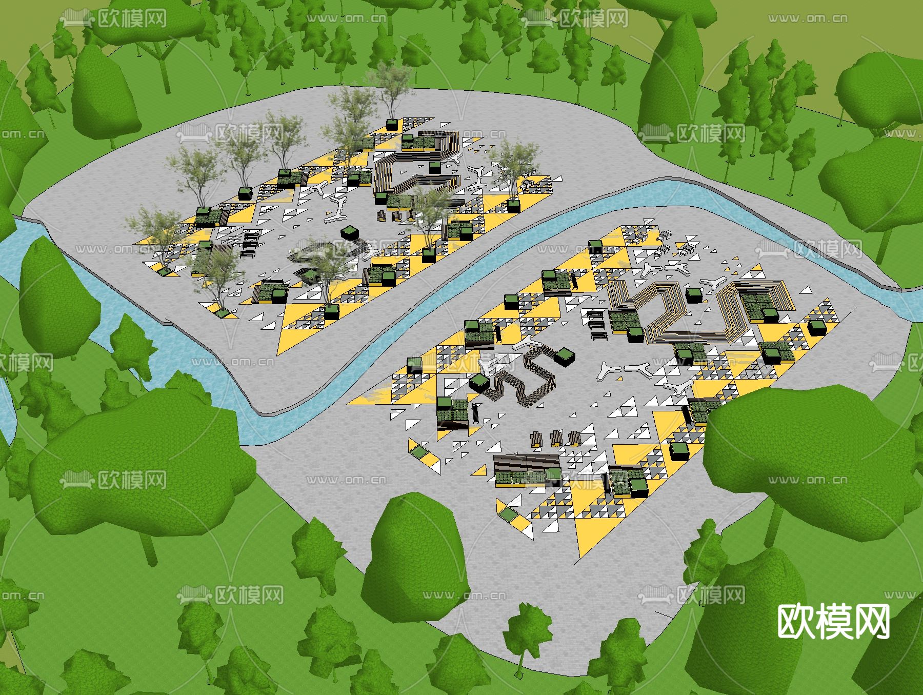 现代户外景观公园su模型下载（渲染图2）