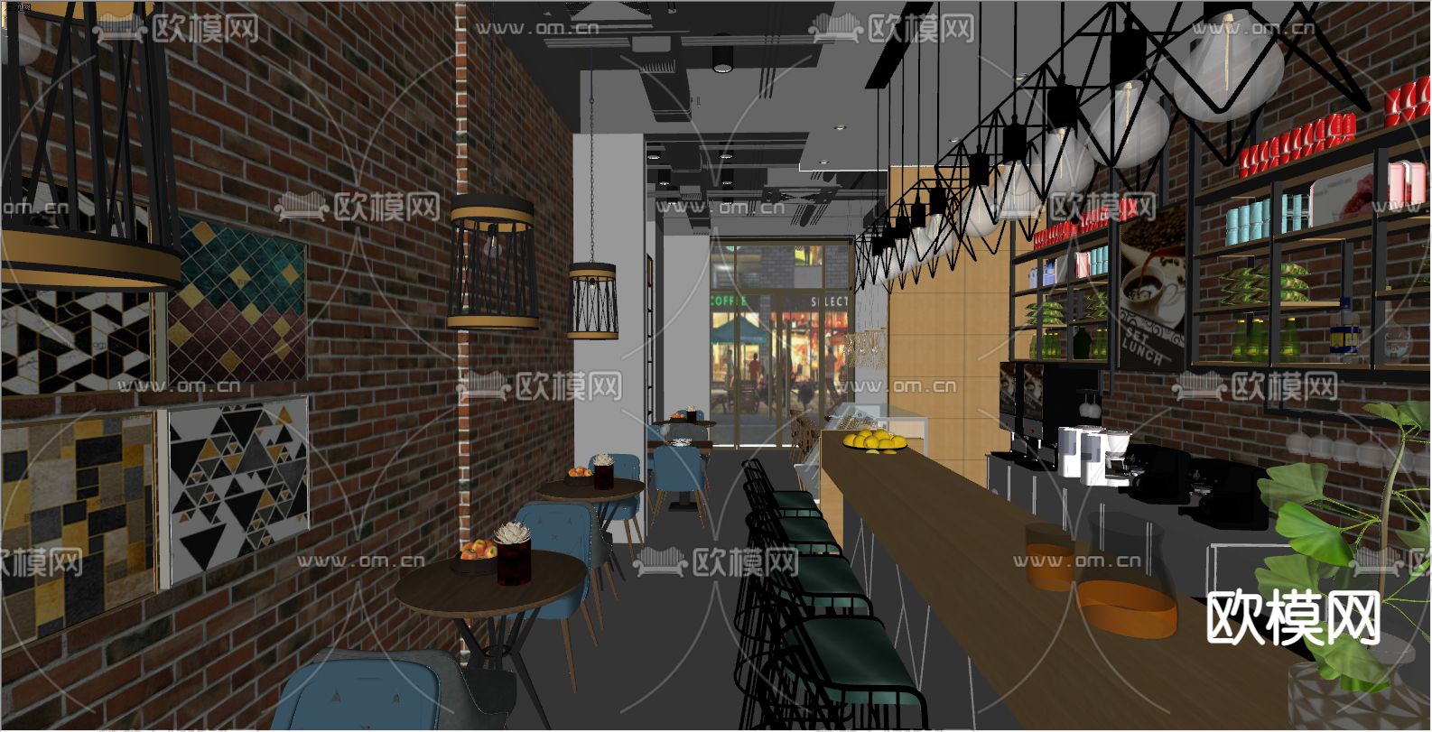 简美咖啡厅su模型下载（渲染图2）