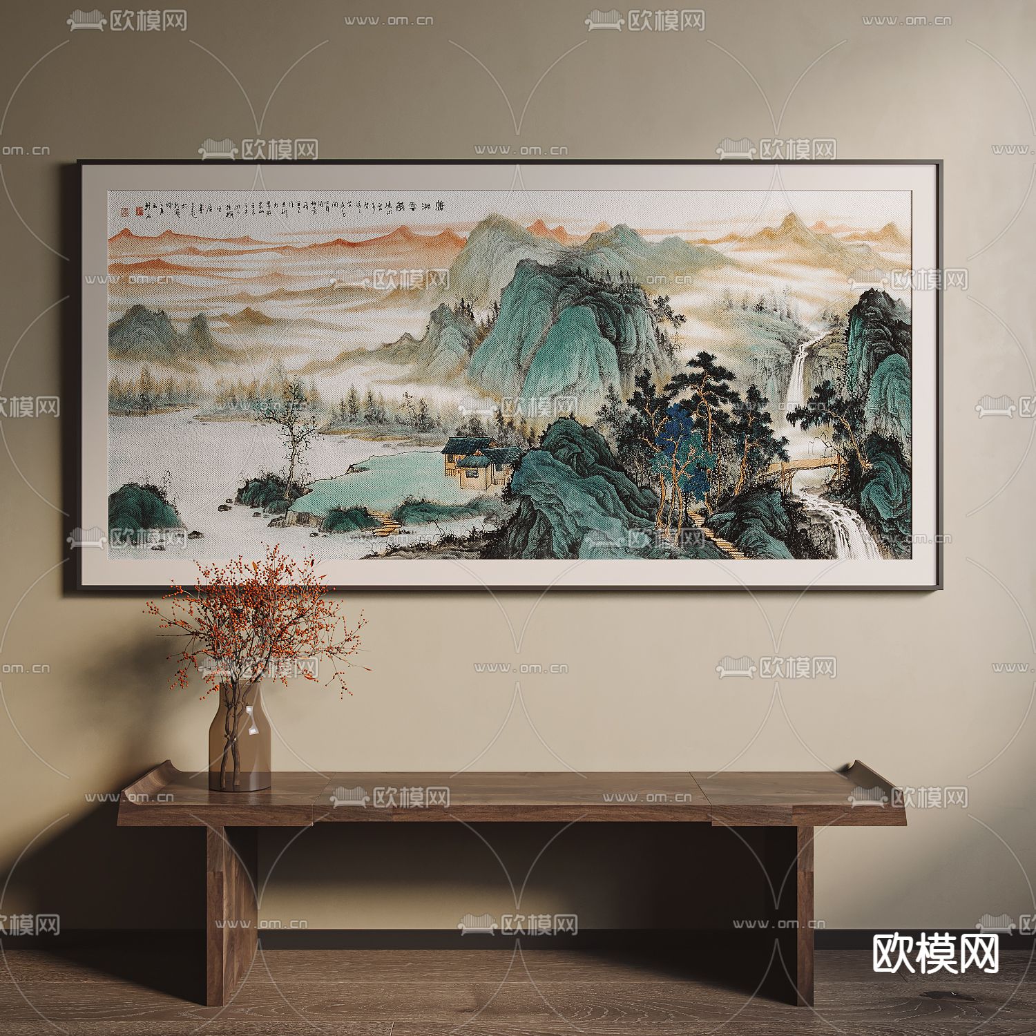 新中式水墨山水装饰画 挂画su模型
