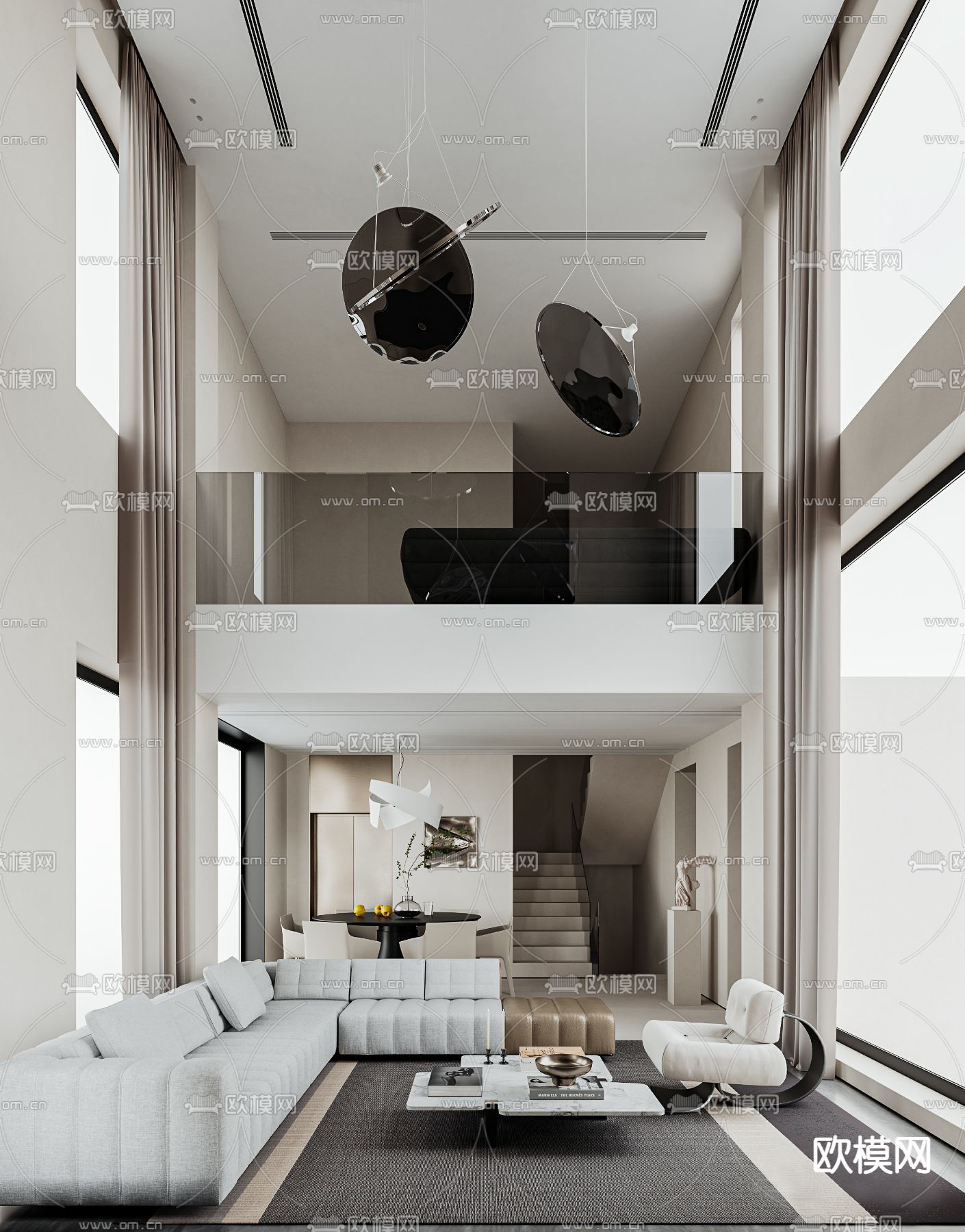 轻奢别墅大堂 别墅客厅3d模型下载（渲染图1）