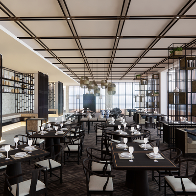  中式酒店餐厅su模型 