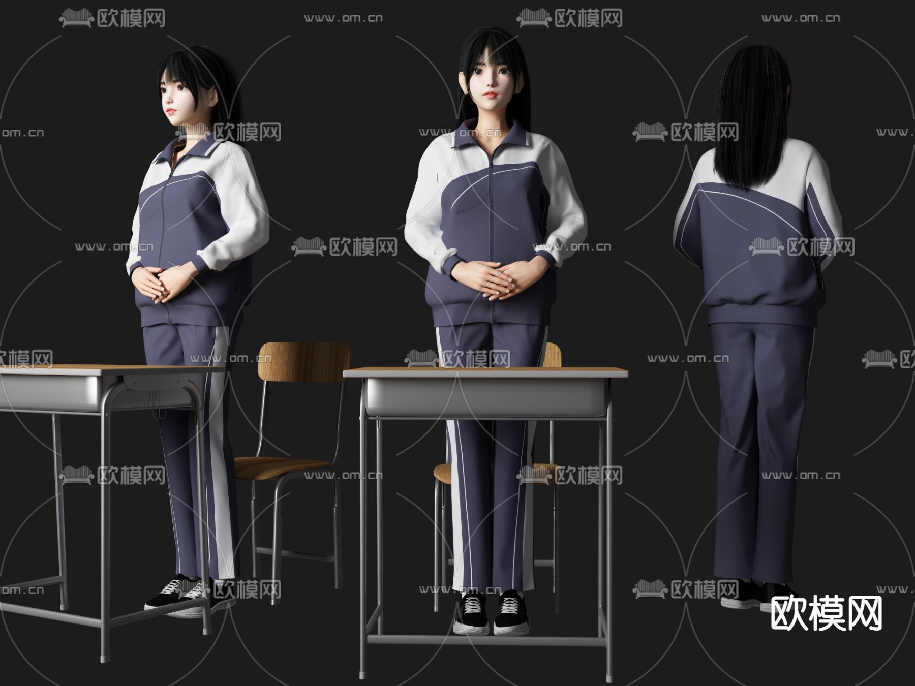 校服学生美女人物su模型下载（渲染图1）