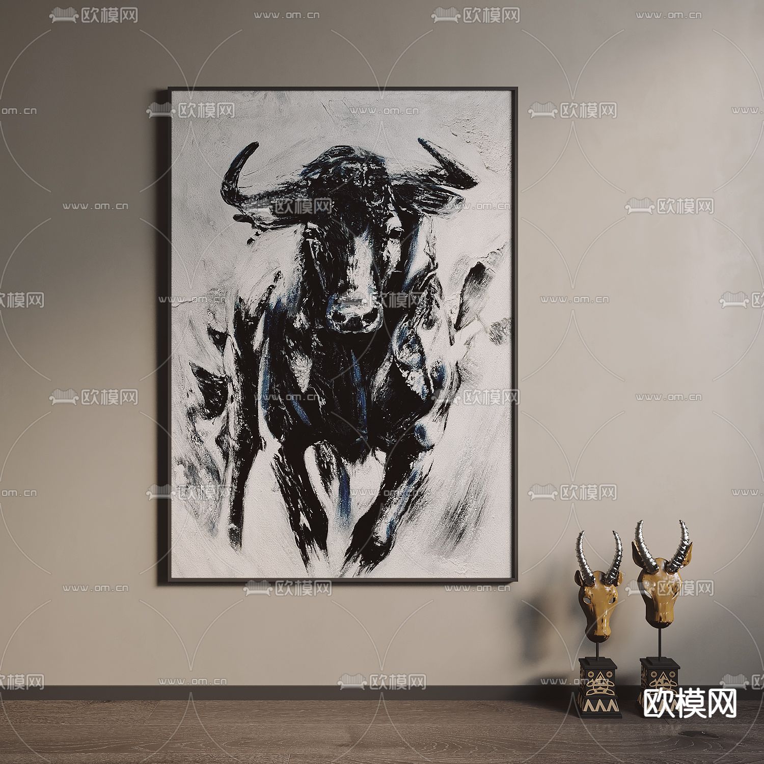 侘寂风装饰画 牛挂画su模型下载（渲染图1）