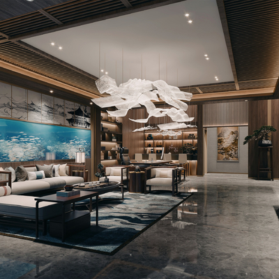  新中式酒店会客厅su模型 