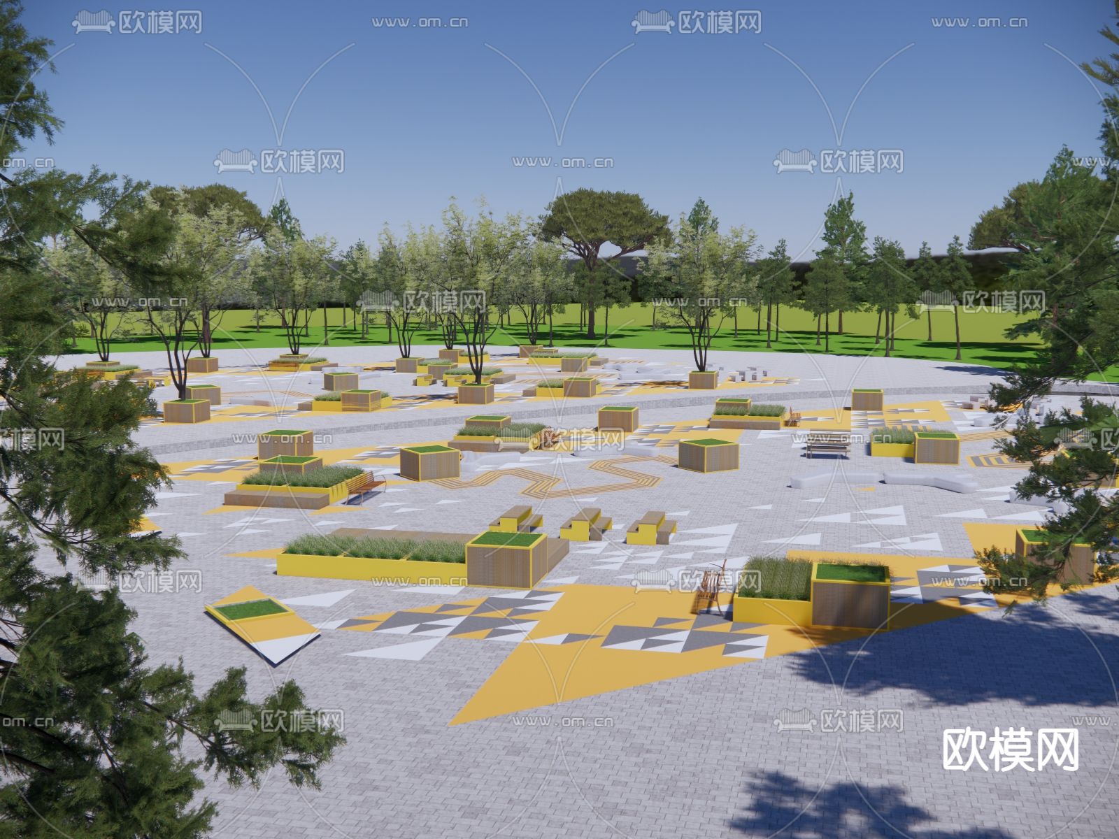 现代户外景观公园su模型下载（渲染图1）
