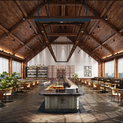  中式轻奢自助餐厅su模型 