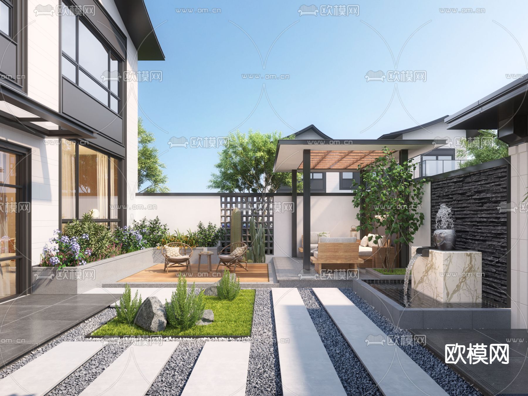 现代庭院花园 阳台景观3d模型下载（渲染图1）