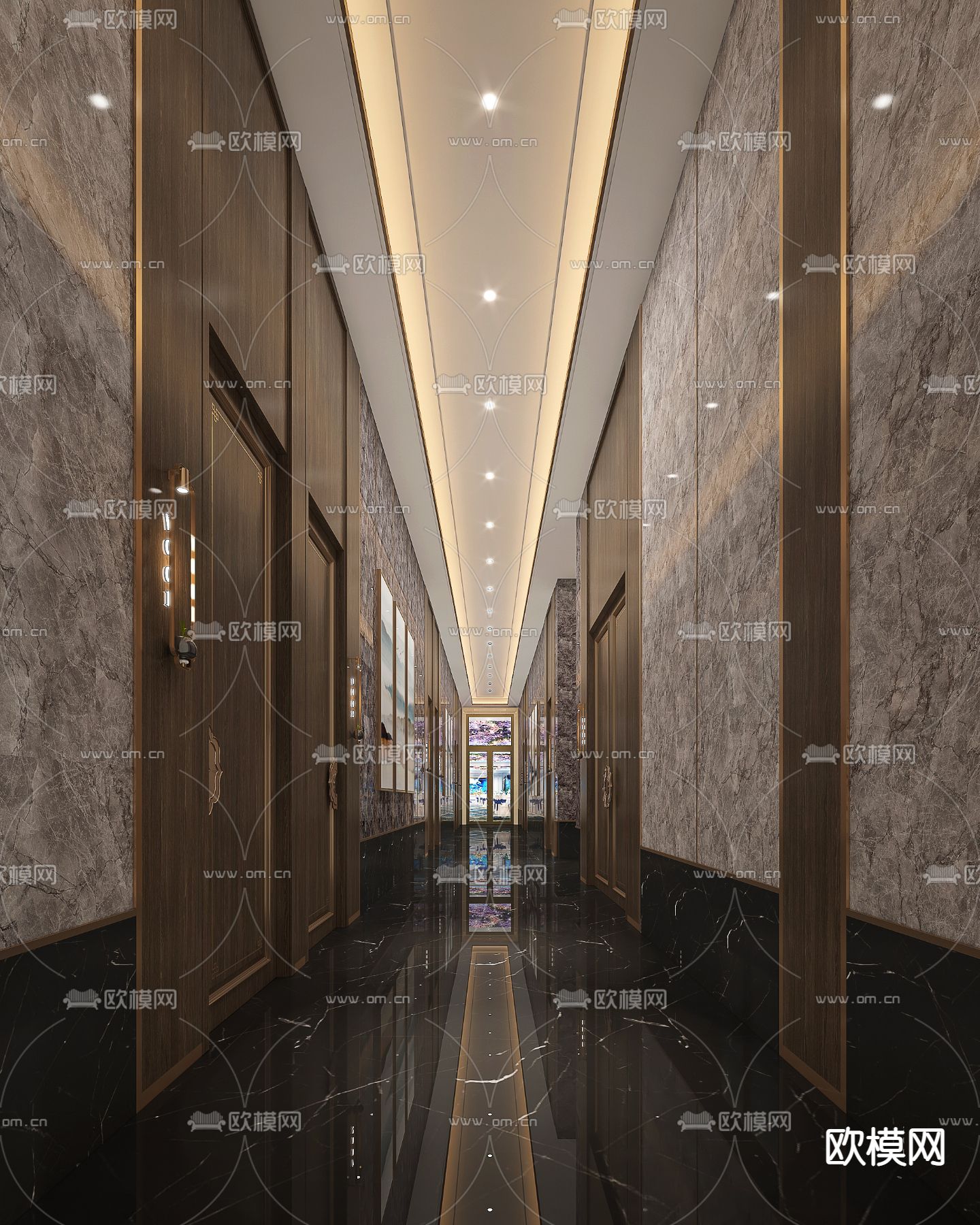 新中式酒店走廊su模型下载
