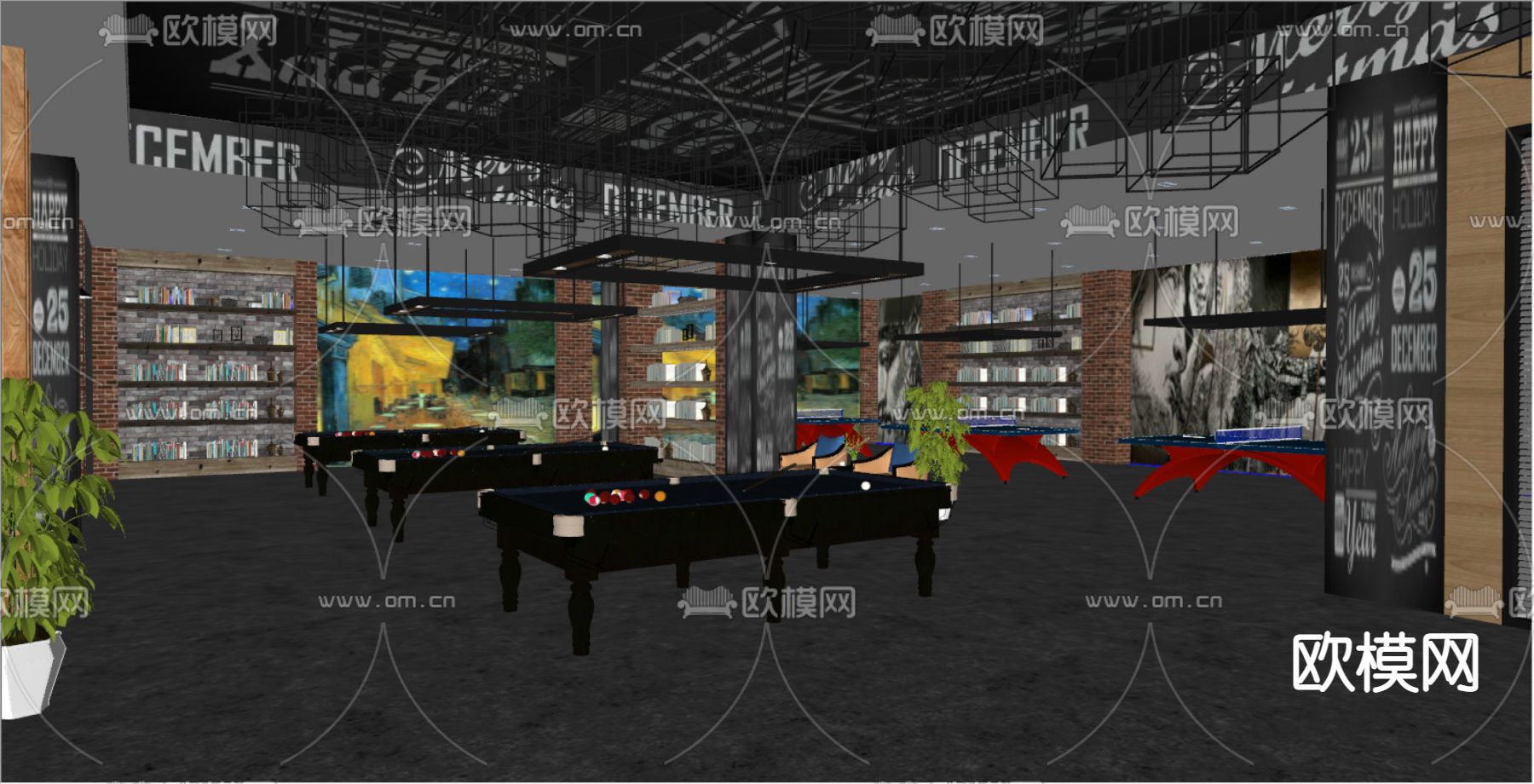 美式桌球室su模型下载（渲染图2）