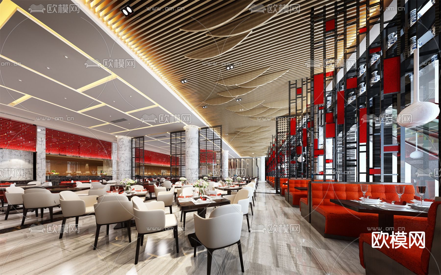 轻奢酒店餐厅su模型下载（渲染图1）