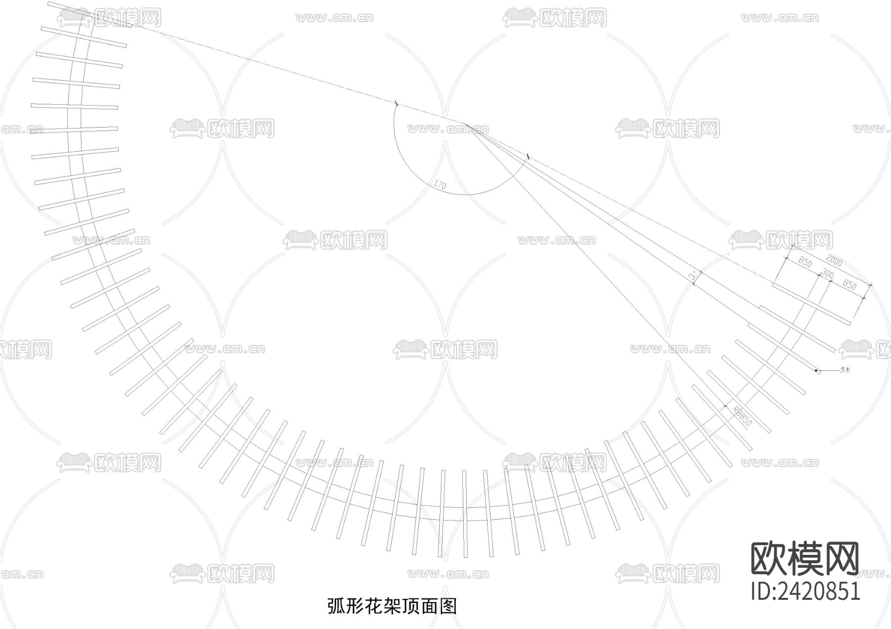 弧形混凝土结构花架设计cad施工图下载（渲染图4）