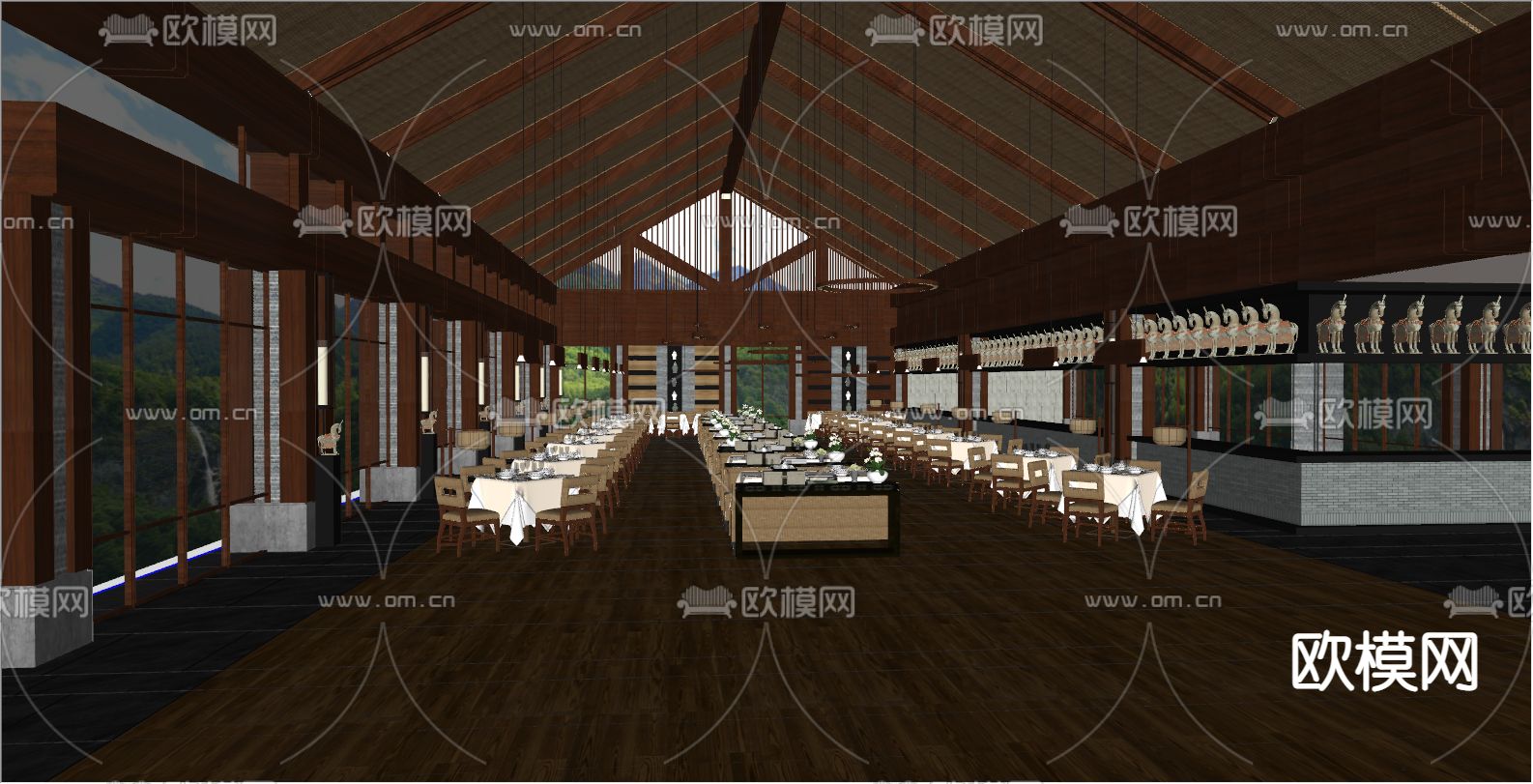 中式度假村餐厅su模型下载（渲染图2）