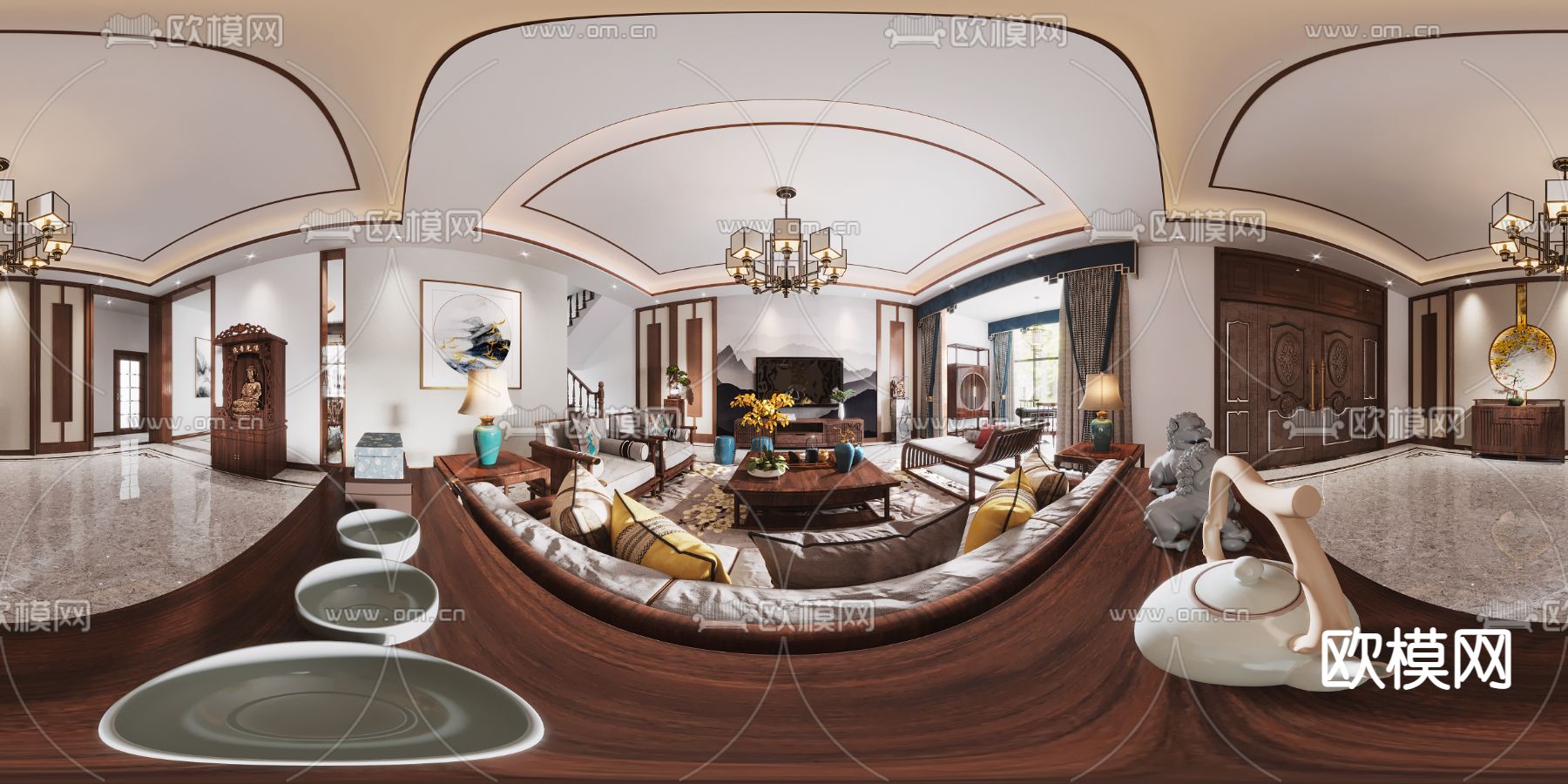 中式客厅cr全景3d模型