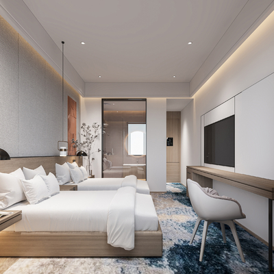  现代酒店客房 双床房su模型 