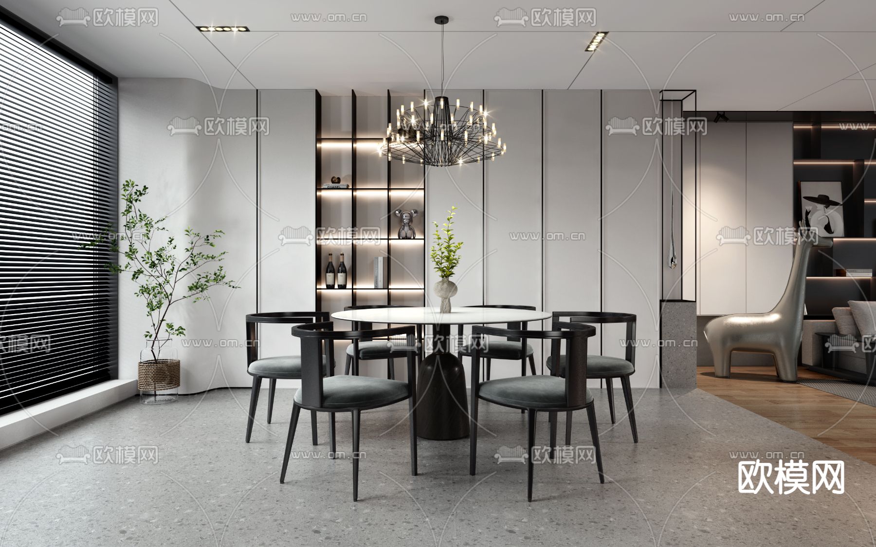 高级灰客餐厅3d模型下载（渲染图4）