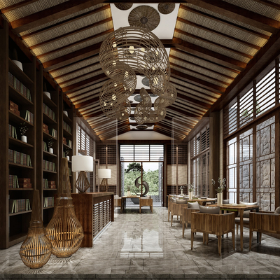  新中式酒店餐厅su模型 