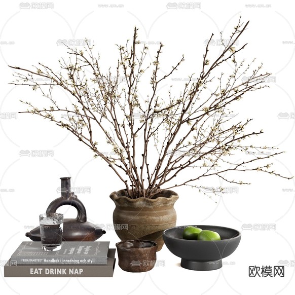 侘寂风干花 花瓶插花 摆件3d模型下载(渲染图1)