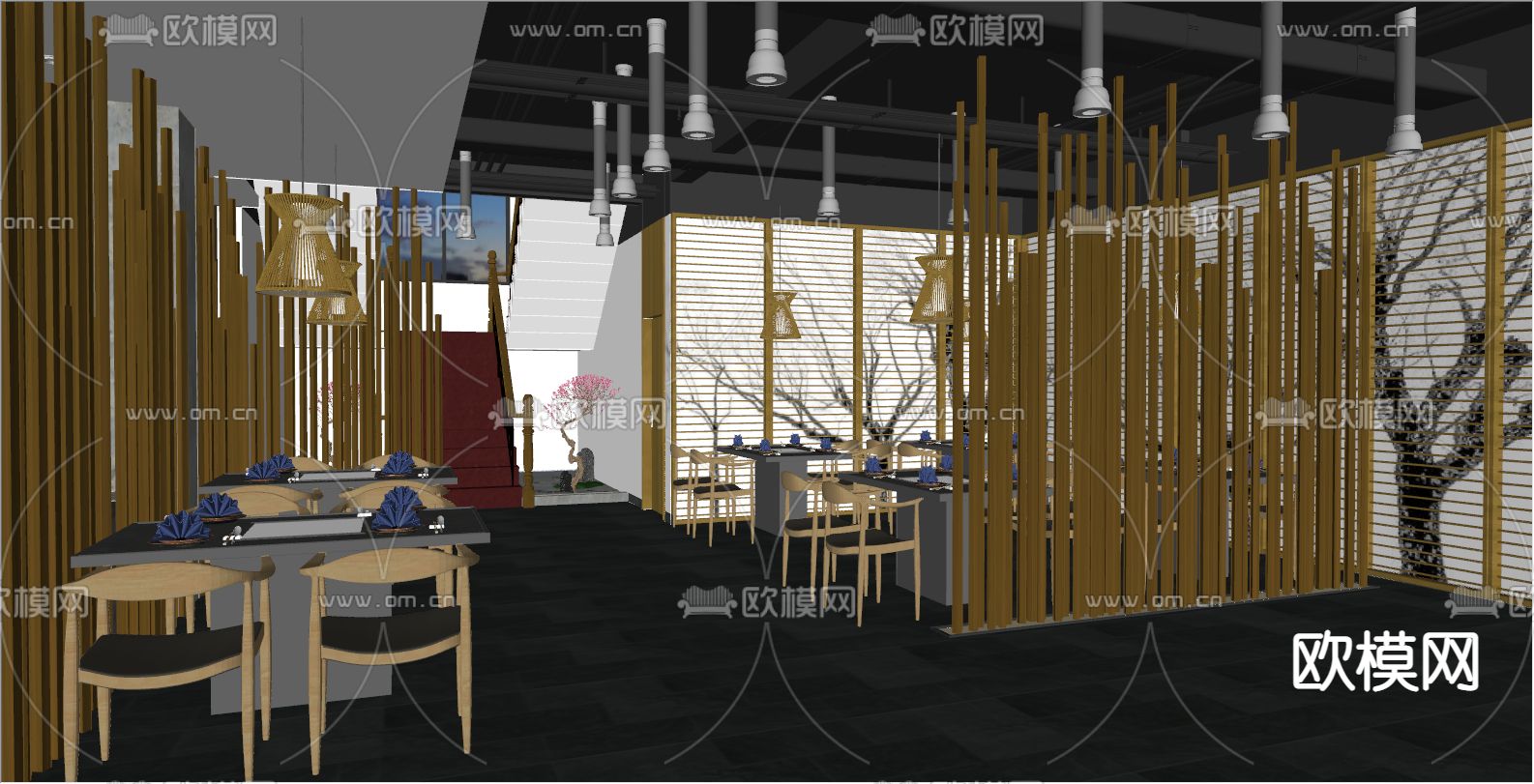 新中式餐厅su模型下载（渲染图3）
