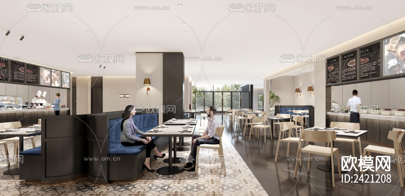 员工食堂公司食堂装修设计cad施工图下载（渲染图2）