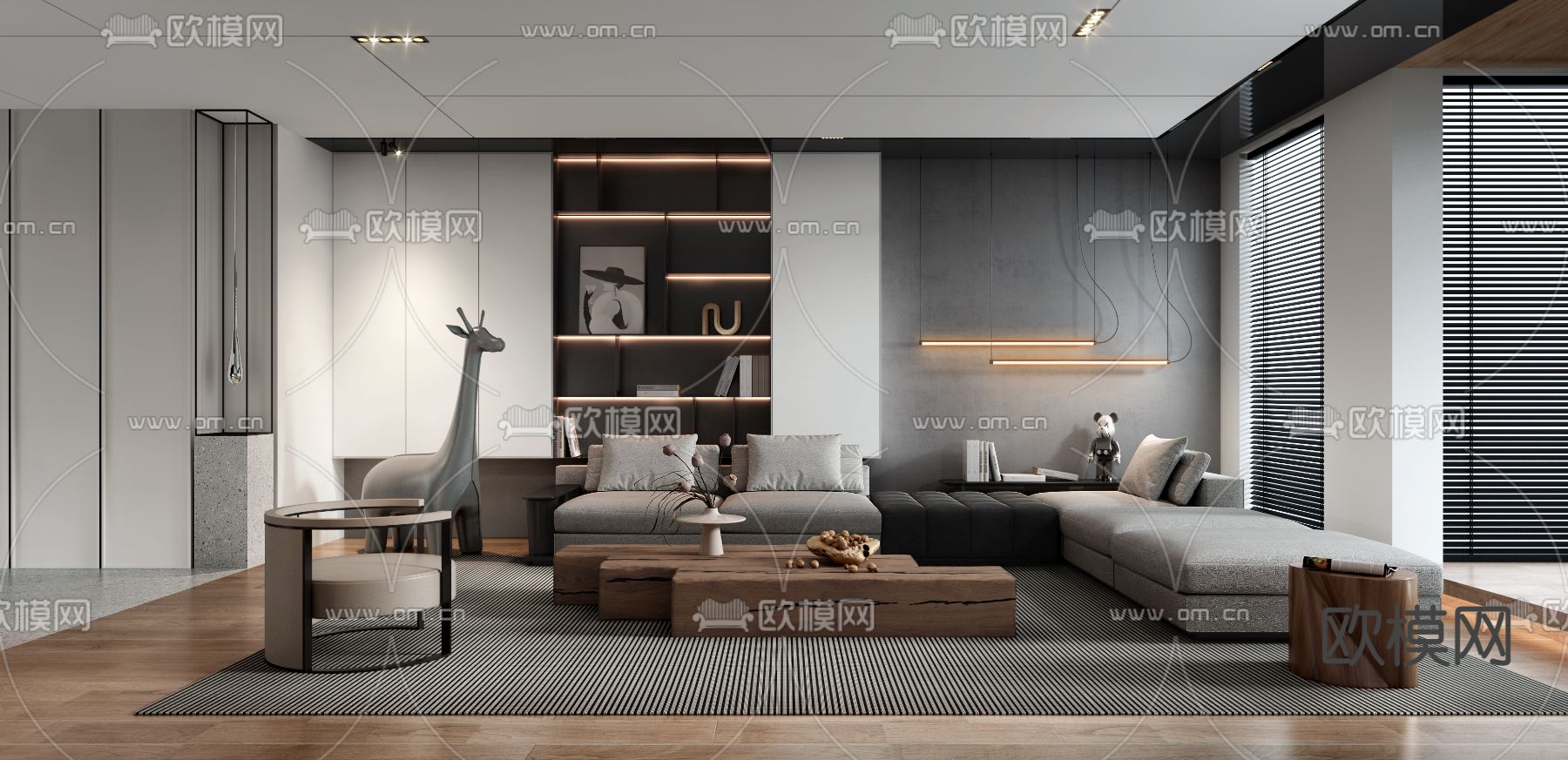 高级灰客餐厅3d模型下载（渲染图1）