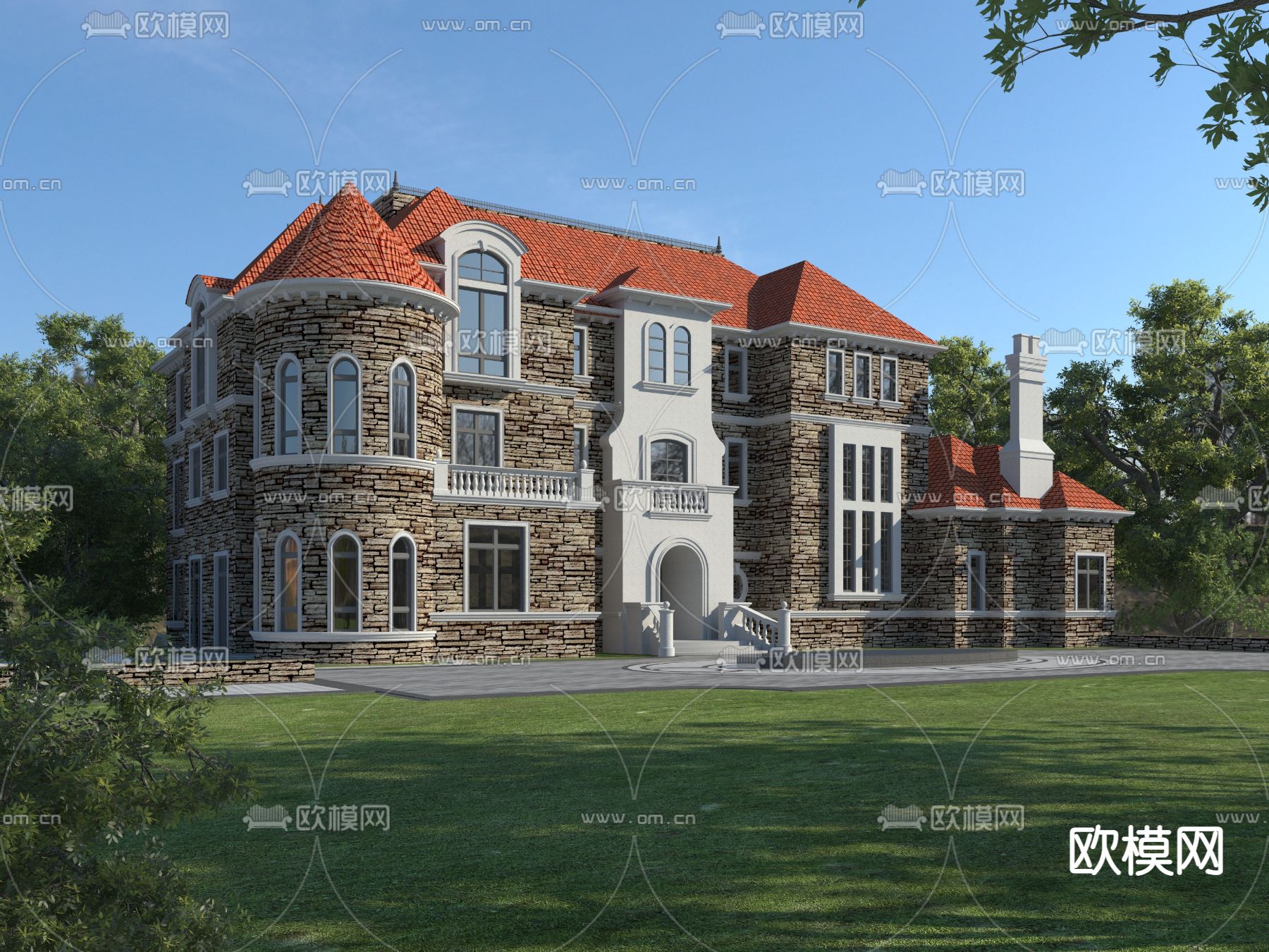 欧式别墅外观3d模型下载_ID12239165_3dmax免费模型-欧模网