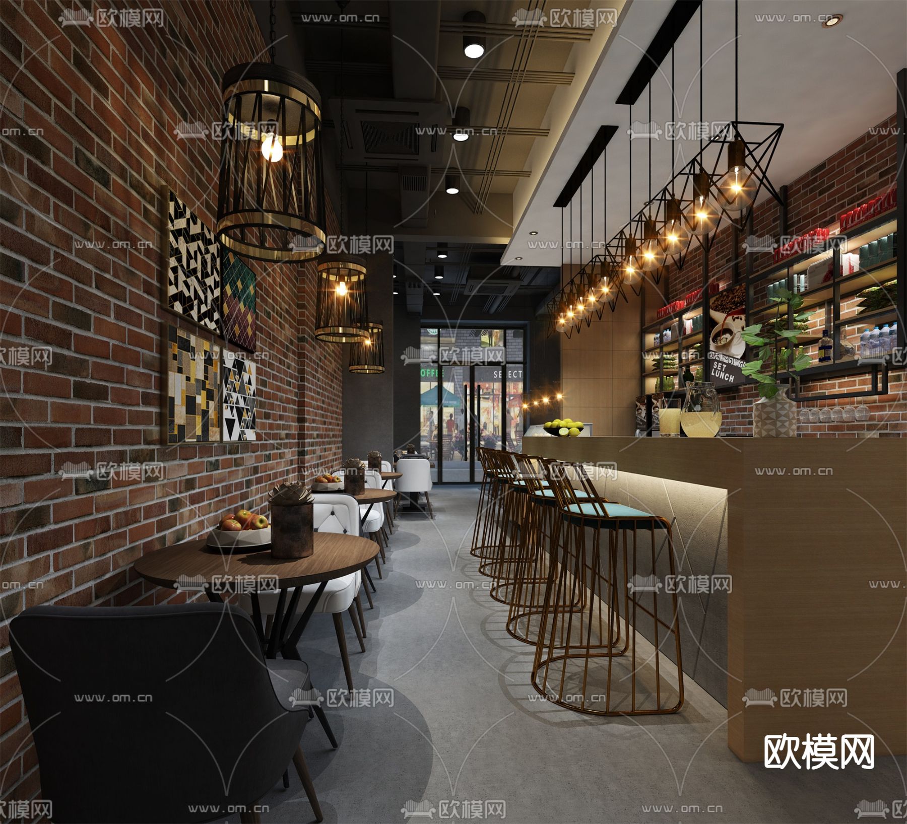 简美咖啡厅su模型下载（渲染图1）