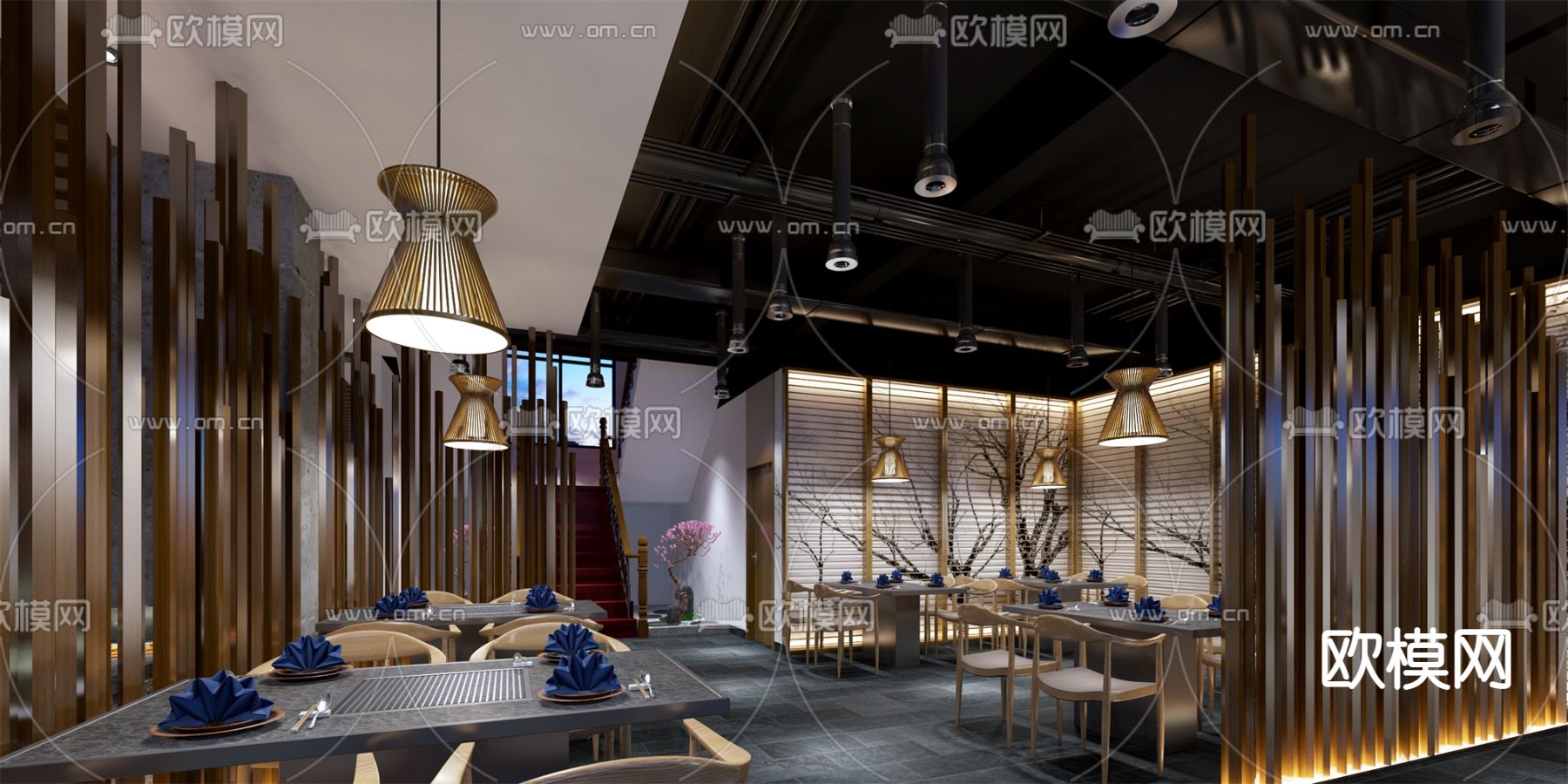 新中式餐厅su模型下载（渲染图2）