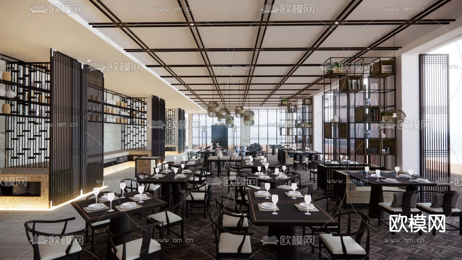 中式酒店餐厅su模型下载（渲染图1）