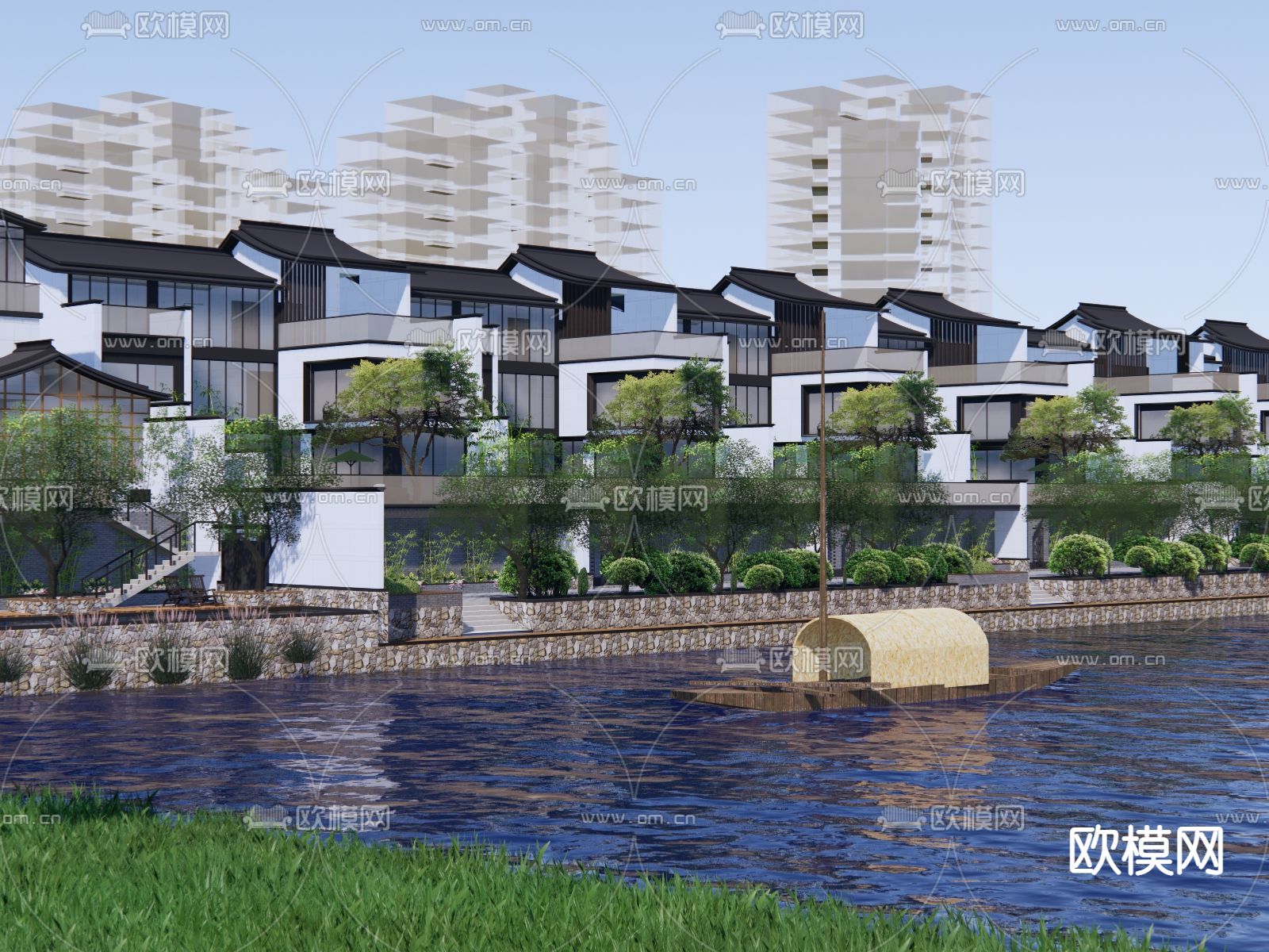 新中式联排别墅建筑外观su模型下载_ID12248600_sketchup模型下载-欧模网