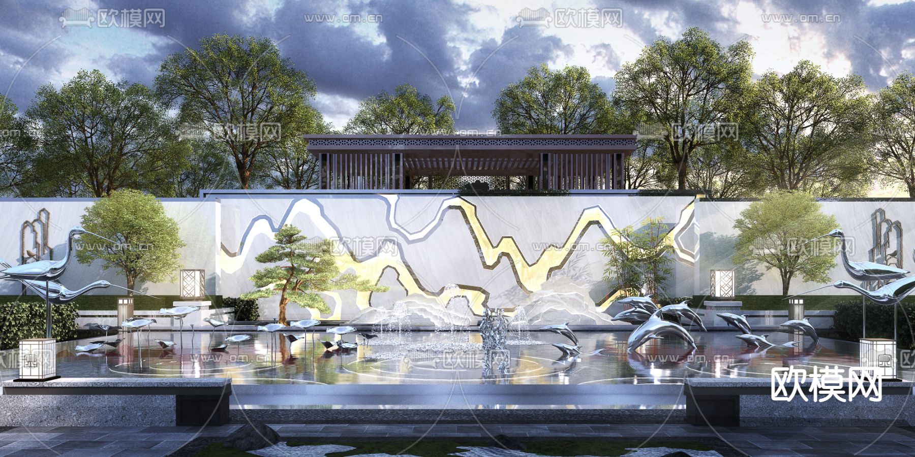 新中式园林水景墙3d模型下载_ID12245193_3dmax免费模型-欧模网