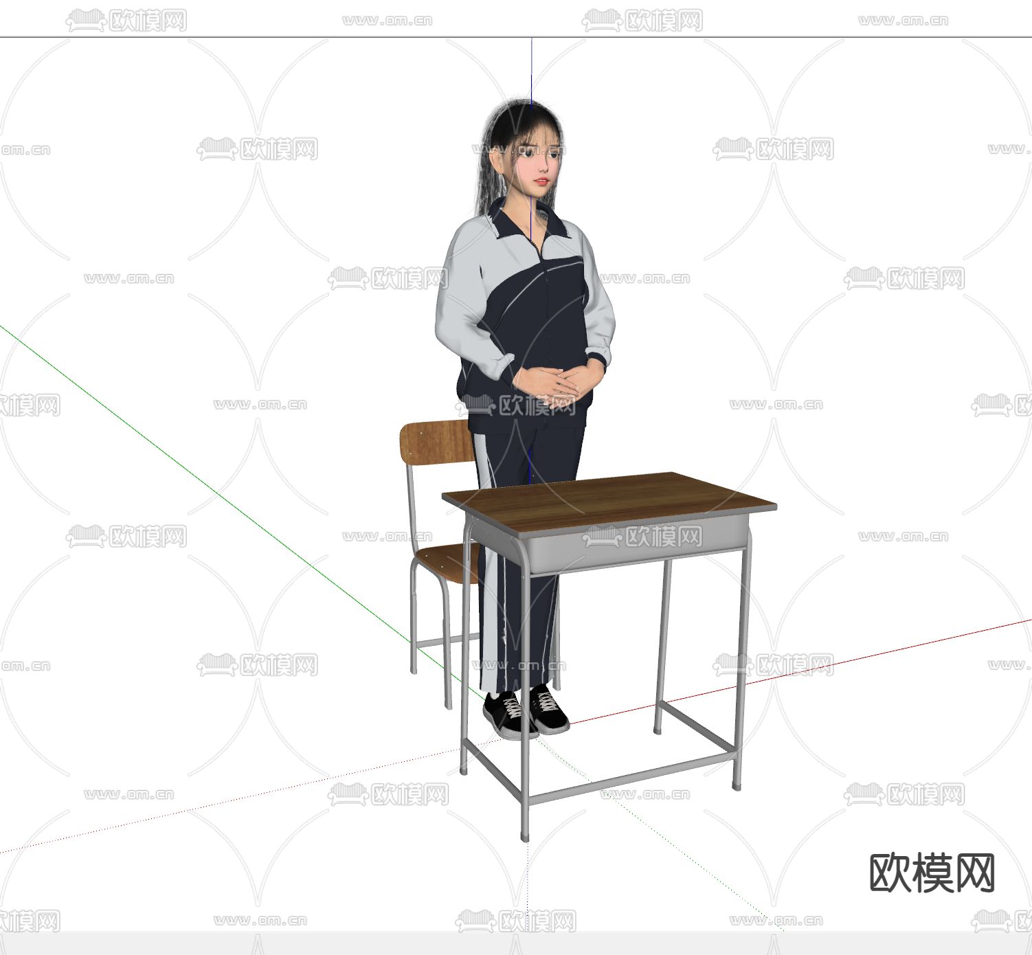 校服学生美女人物su模型下载（渲染图2）