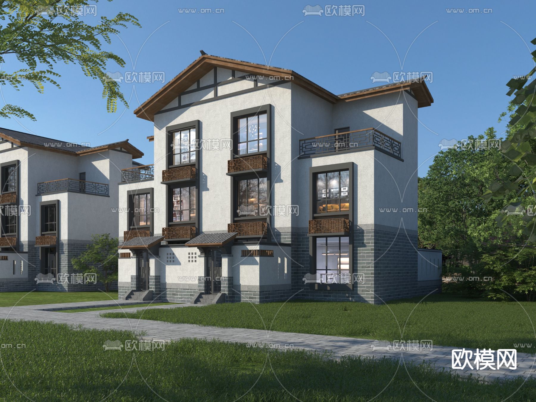 中式别墅外观3d模型下载