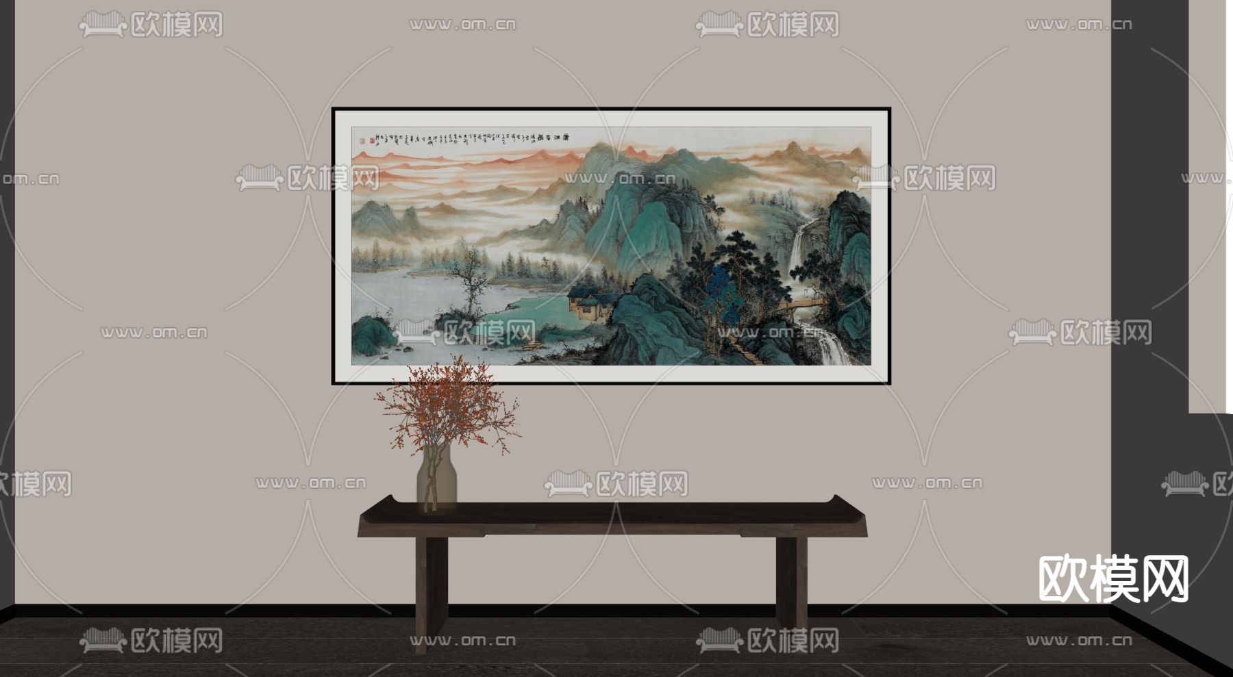 新中式水墨山水装饰画 挂画su模型