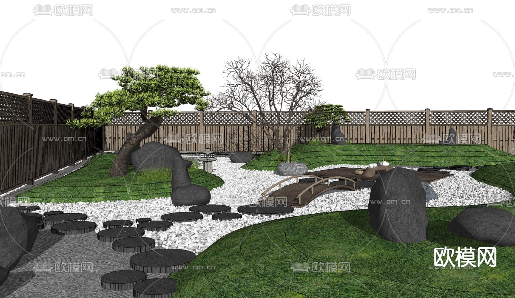 日式枯山水 庭院景观su模型下载（渲染图3）