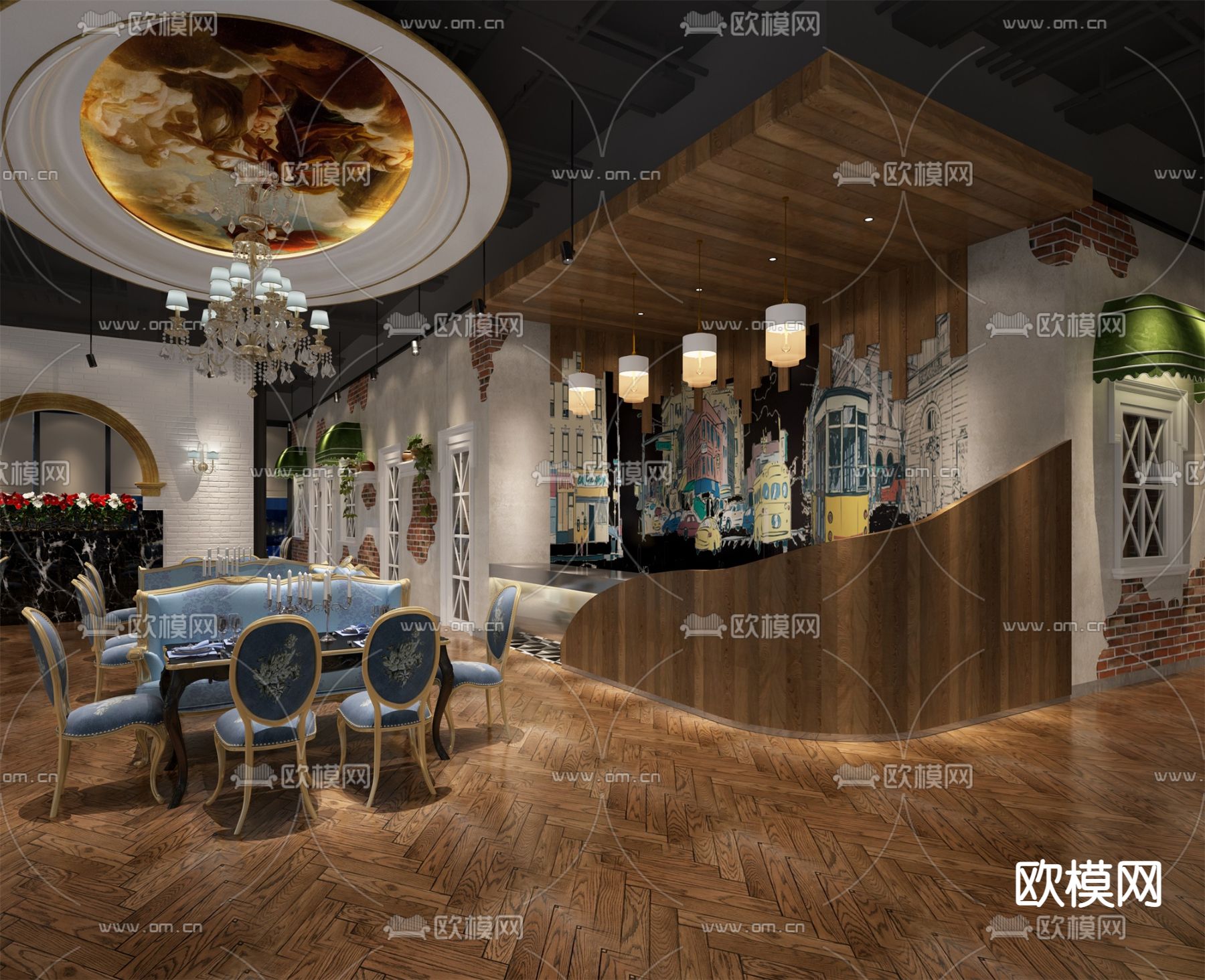 欧式西餐厅su模型下载（渲染图2）