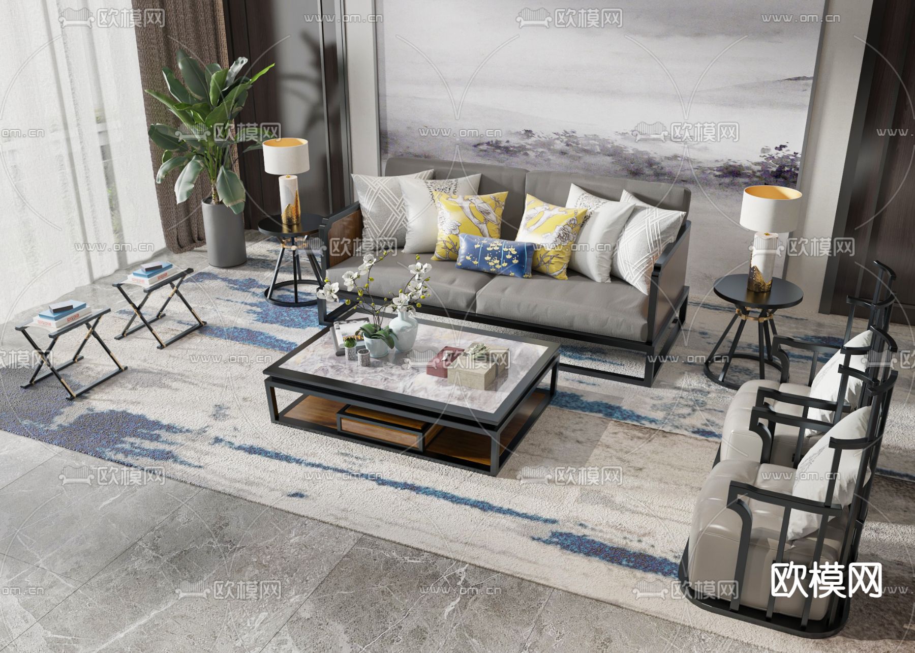 新中式组合沙发3d模型下载