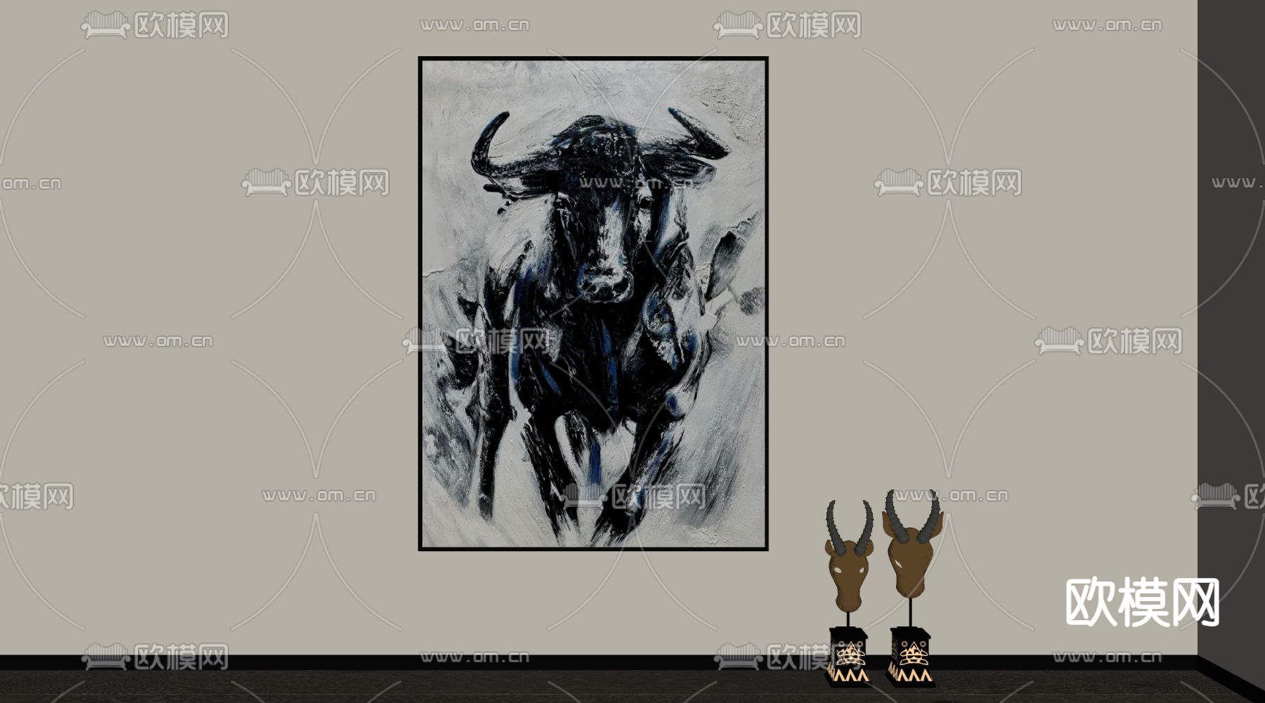 侘寂风装饰画 牛挂画su模型下载（渲染图2）