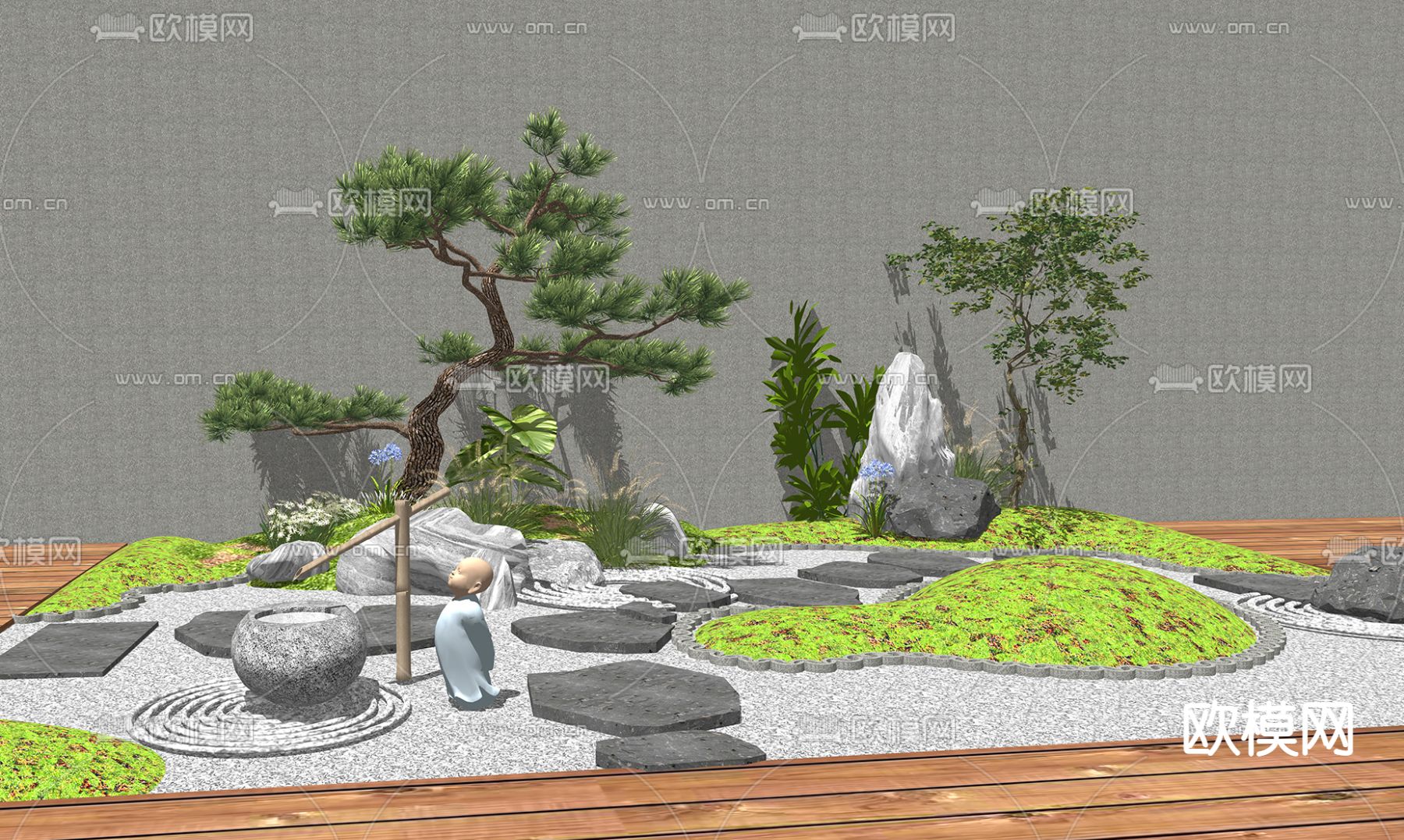 新中式松树庭院汀步造景su模型下载_ID12247956_sketchup模型下载-欧模网