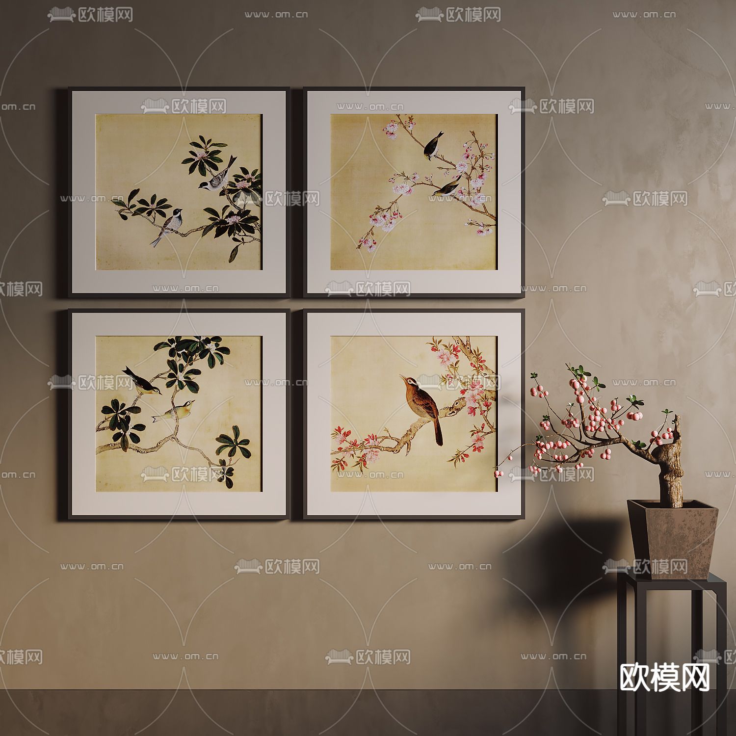 新中式装饰画 鸟语花香挂画su模型下载（渲染图1）