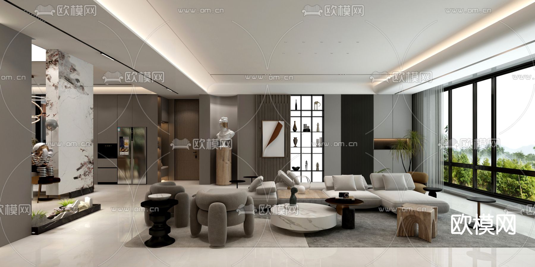 高级灰客餐厅3d模型下载（渲染图2）