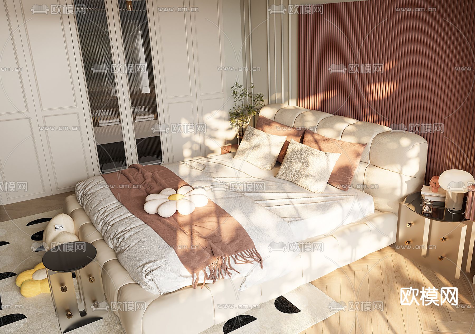 现代双人床 泡芙床su模型下载（渲染图1）
