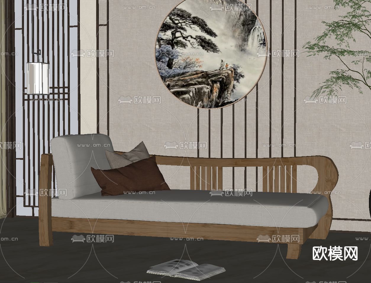 新中式贵妃椅su模型下载（渲染图2）