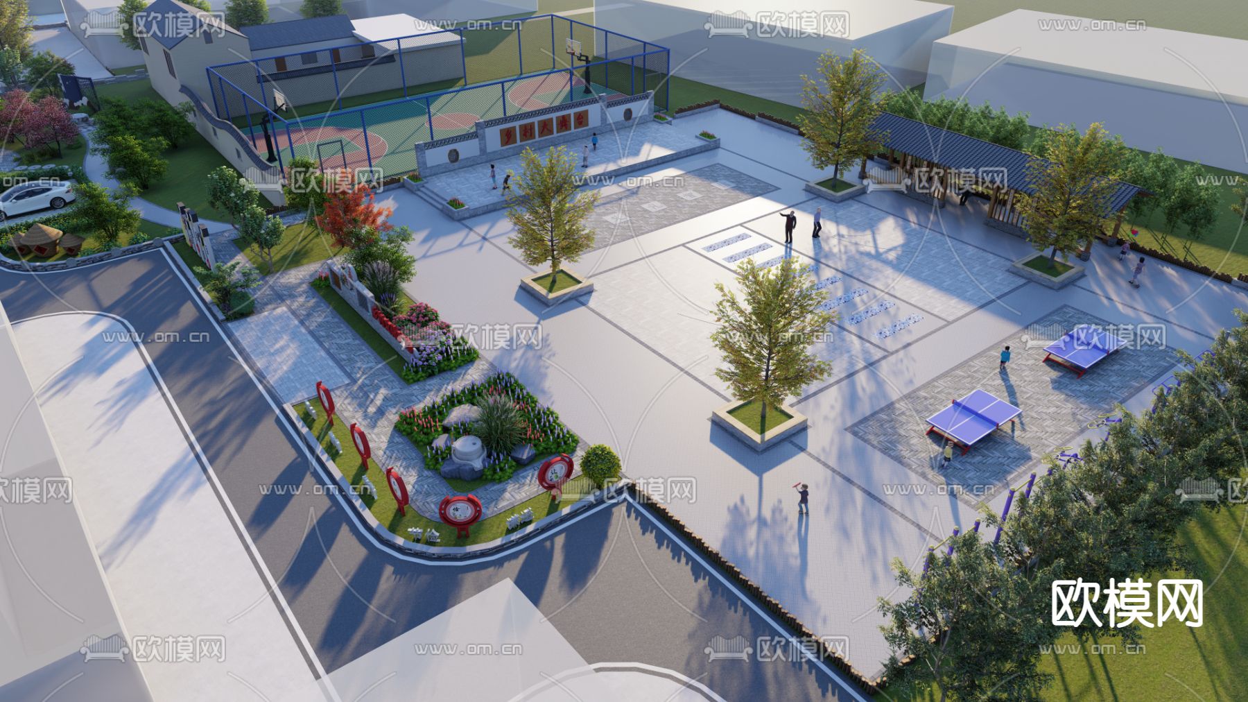 新中式美丽乡村广场鸟瞰su模型下载（渲染图1）